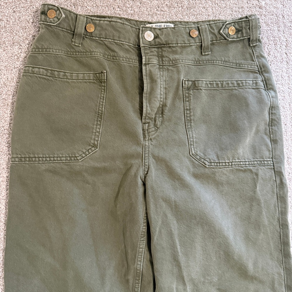 We The Free People Palmer Olive Green Wide Leg Utility Pants Jeans 30 High Rise - Picture 2 of 11
